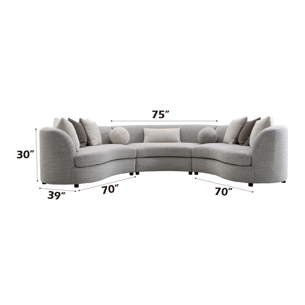 Light gray boucle sectional sofa, 75 in long; 30 in high; 39–70 in depth