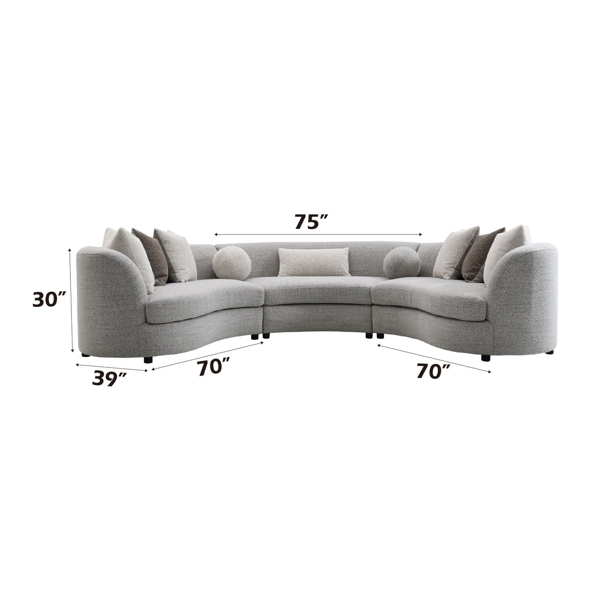 Light gray boucle sectional sofa, 75 in long; 30 in high; 39–70 in depth