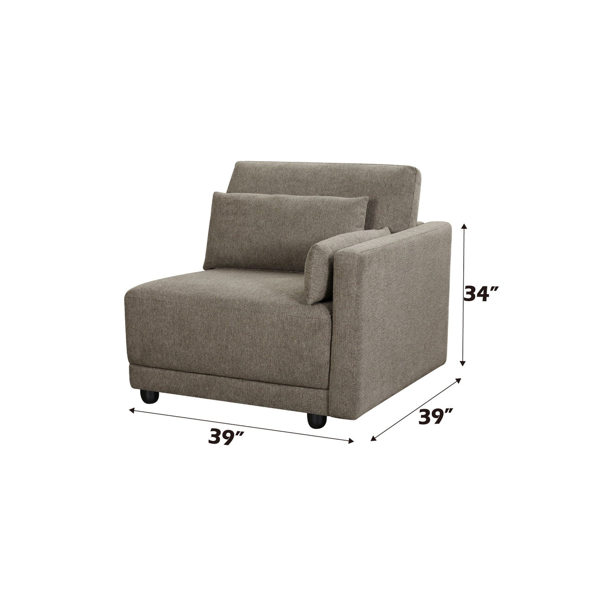 Dark brown modular sectional chair with dimensions marked; tall back and square arms