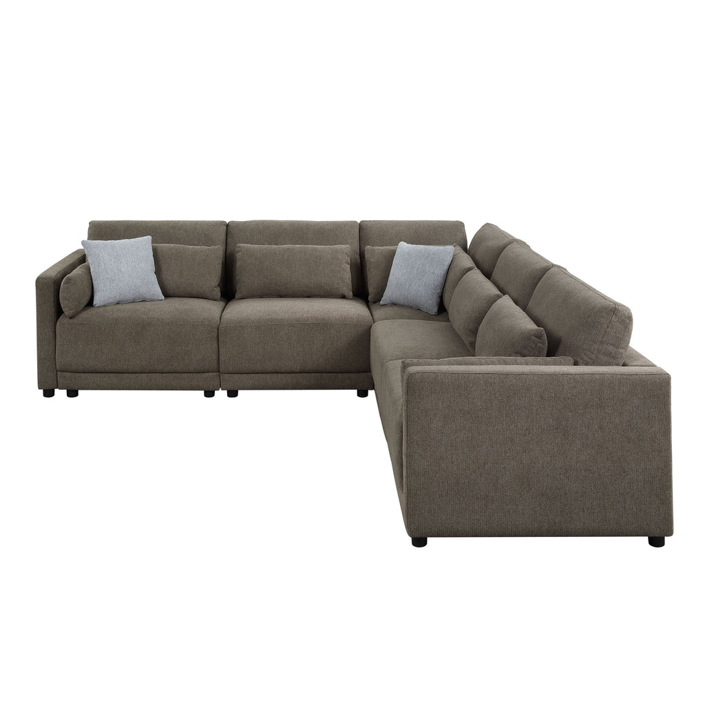 Dark brown L-shaped modular sectional sofa with gray throw pillows