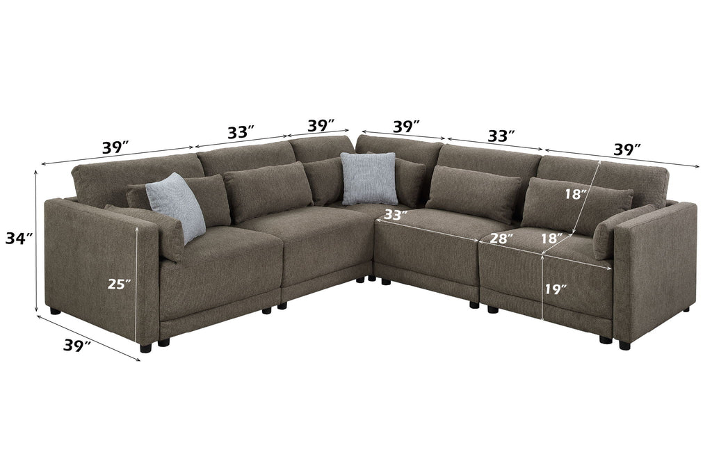 Dark brown modular sectional sofa layout with labeled dimensions and gray toss pillows