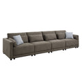 Dark brown modular sectional sofa with chaise-style seating and gray toss pillows