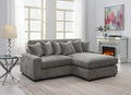 Gray reversible sectional sofa with 6 textured throw pillows, L-shaped chaise sectional.