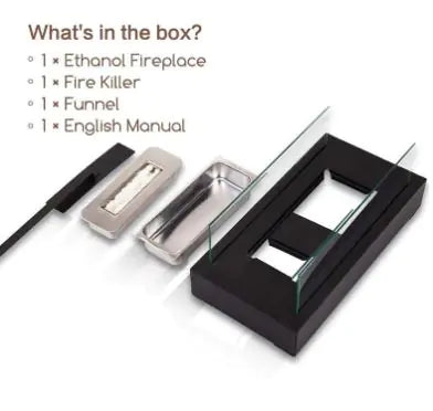 Black mini alcohol fireplace set with metal parts and clear glass viewing panel