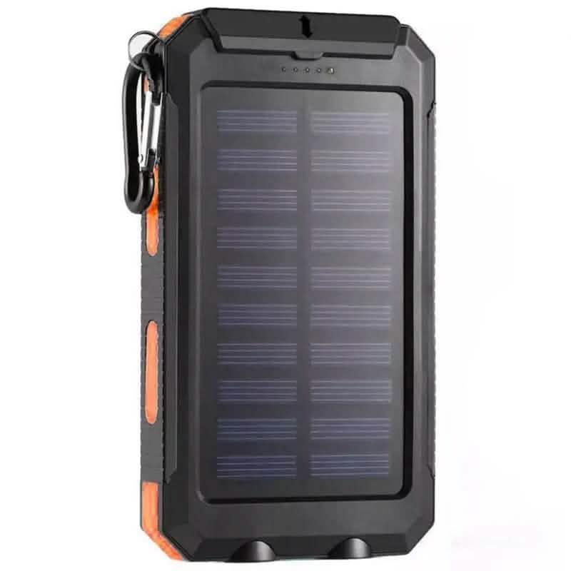 Solar power bank with 10000mAh capacity, black case with orange side details