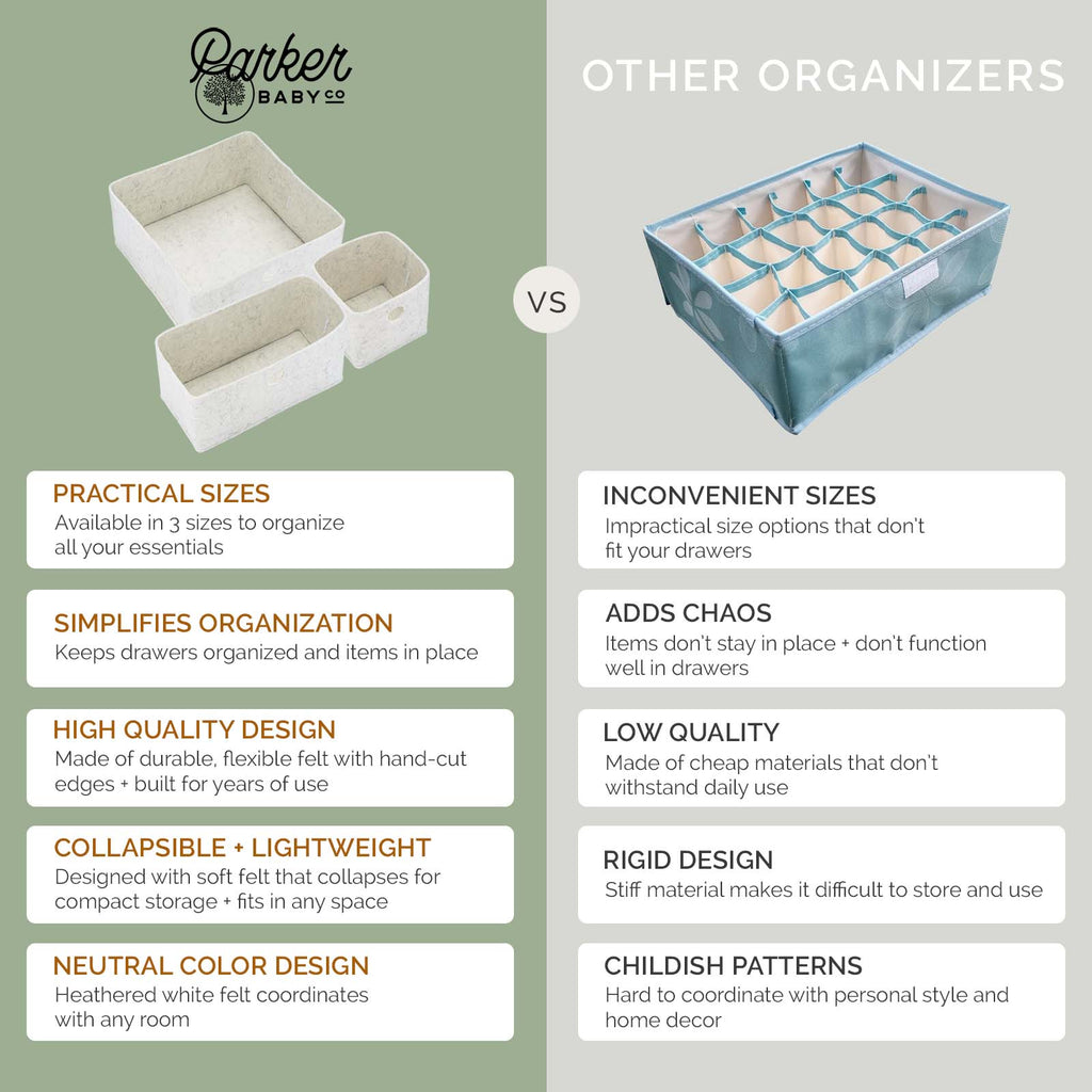 White felt drawer organizers, three compartment bins for sorting small items