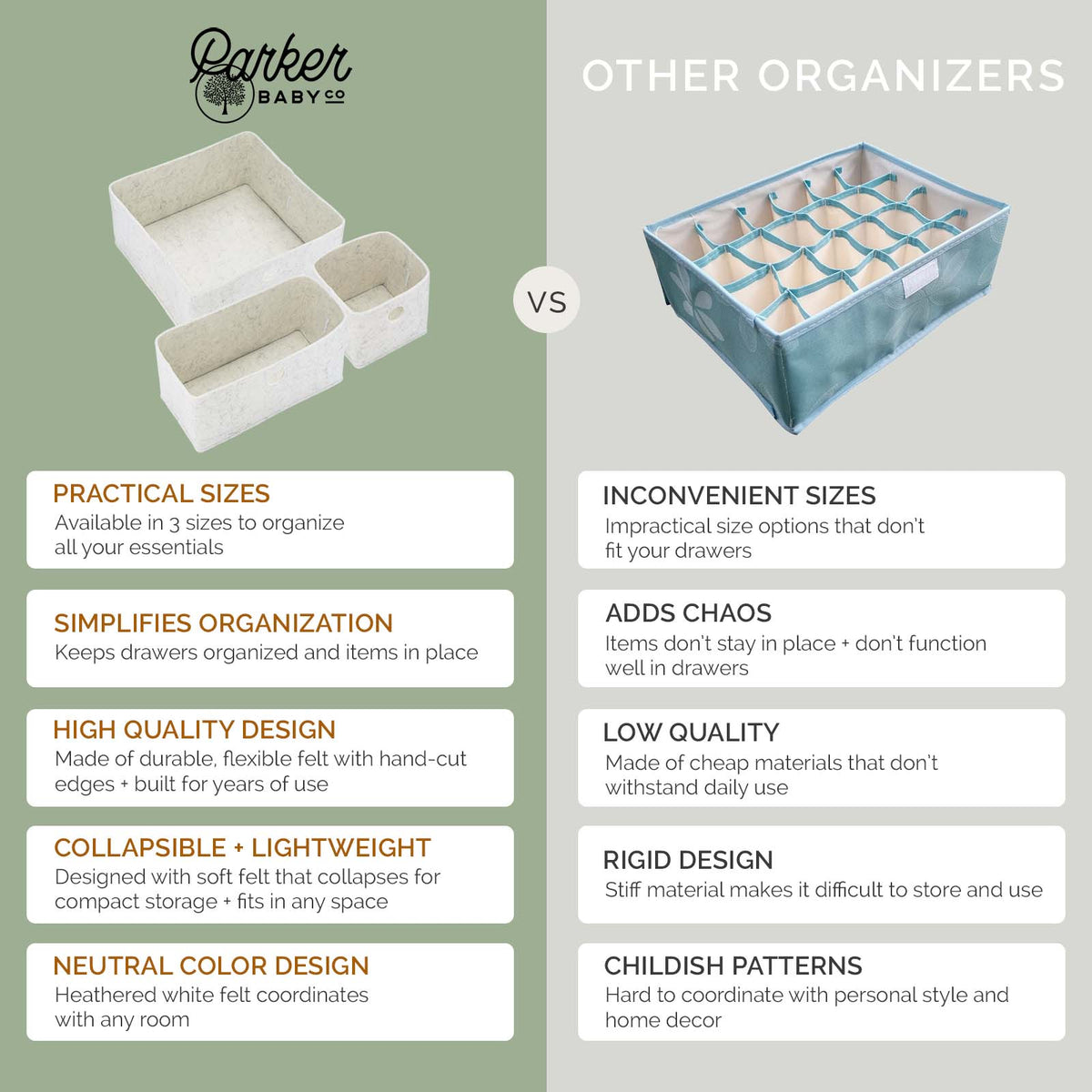 White felt drawer organizers, three compartment bins for sorting small items