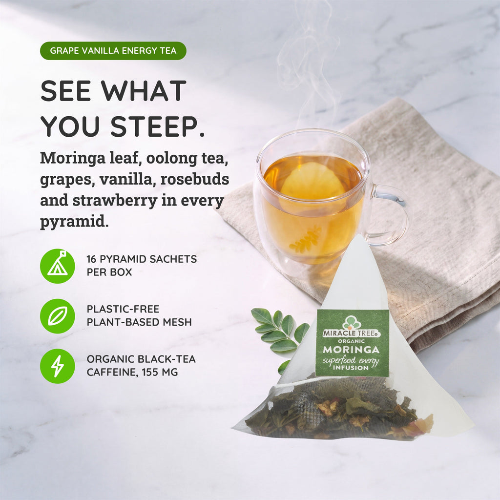 Moringa energy tea pyramid sachets and glass cup with Miracle Tree tea package