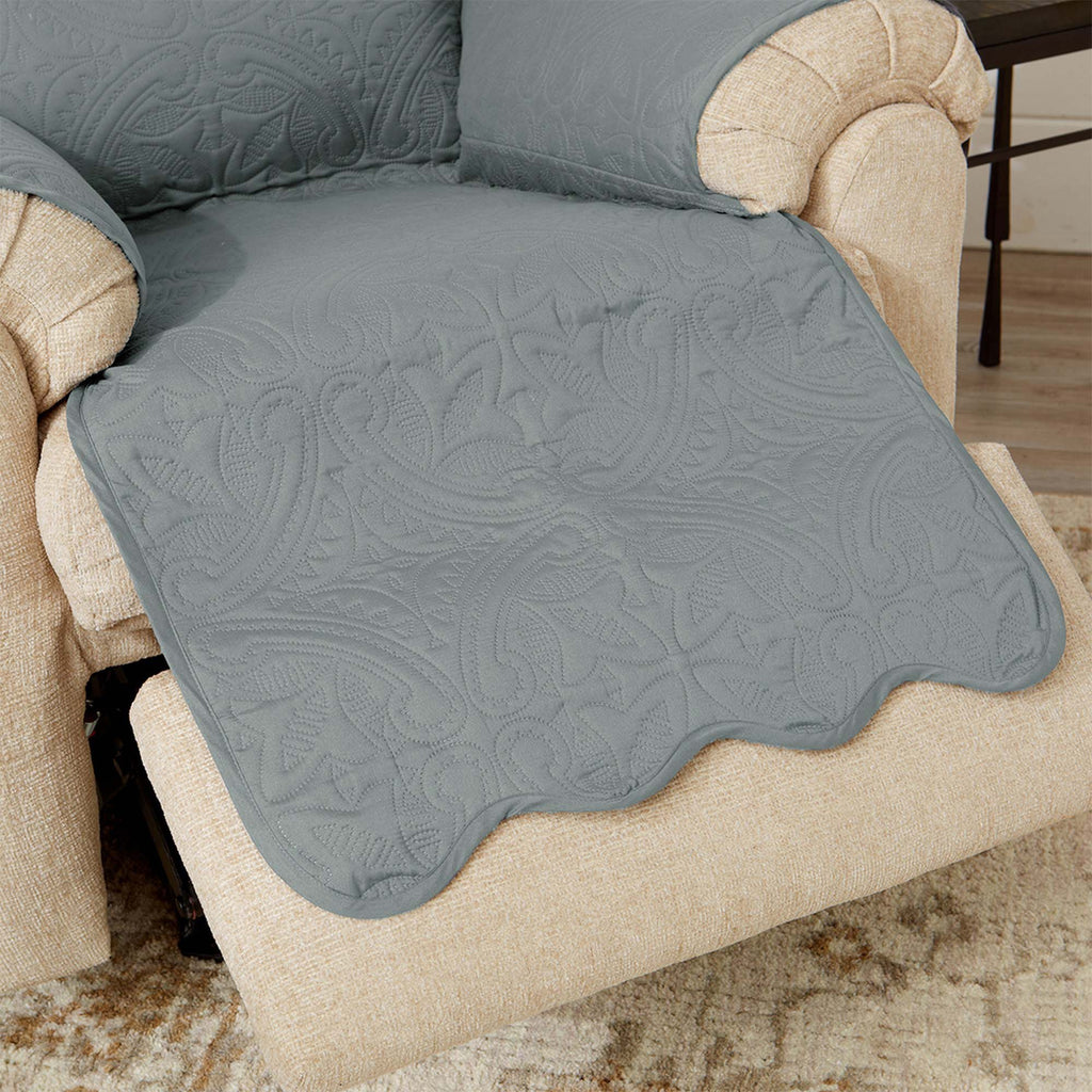 Smoke blue quilted medallion loveseat protector with scalloped drape edge