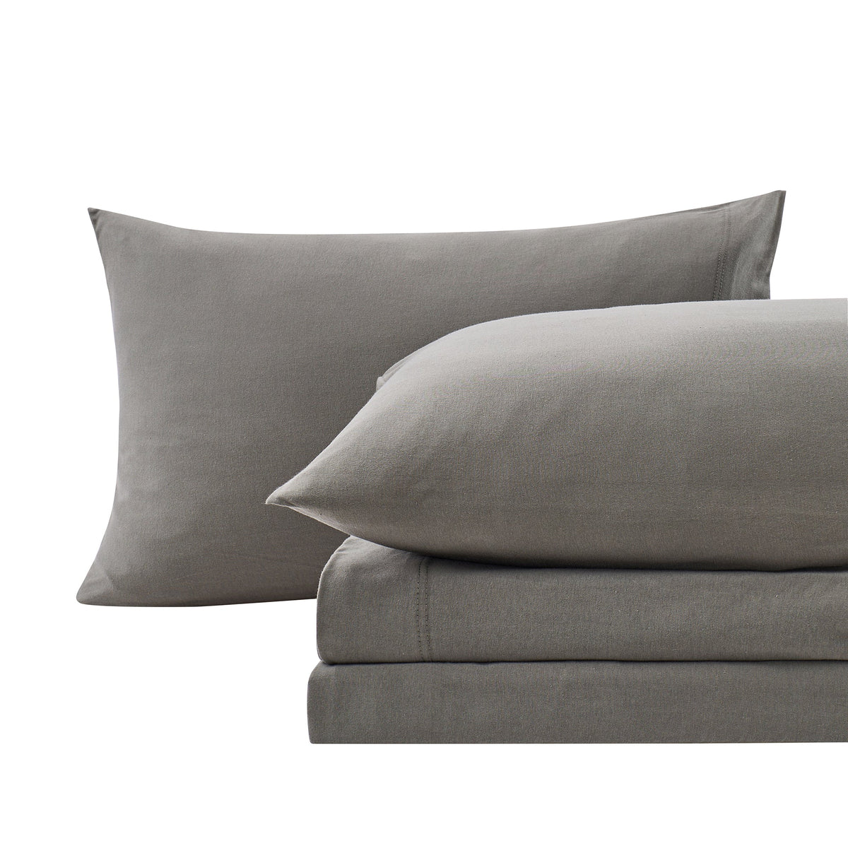 Grey jersey knit sheet set with two pillowcases and folded fitted sheet