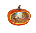 Orange pumpkin water globe with lights, clear round window showing autumn town scene