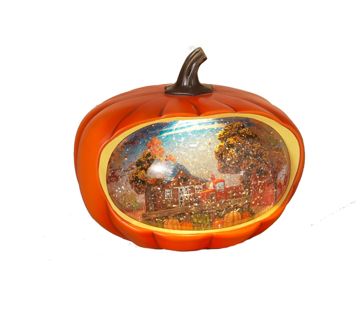 Orange pumpkin water globe with lights, clear round window showing autumn town scene