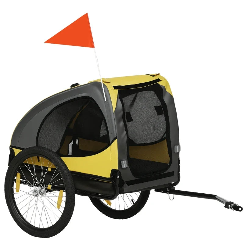 Yellow dog bike trailer pet stroller with side windows and orange safety flag