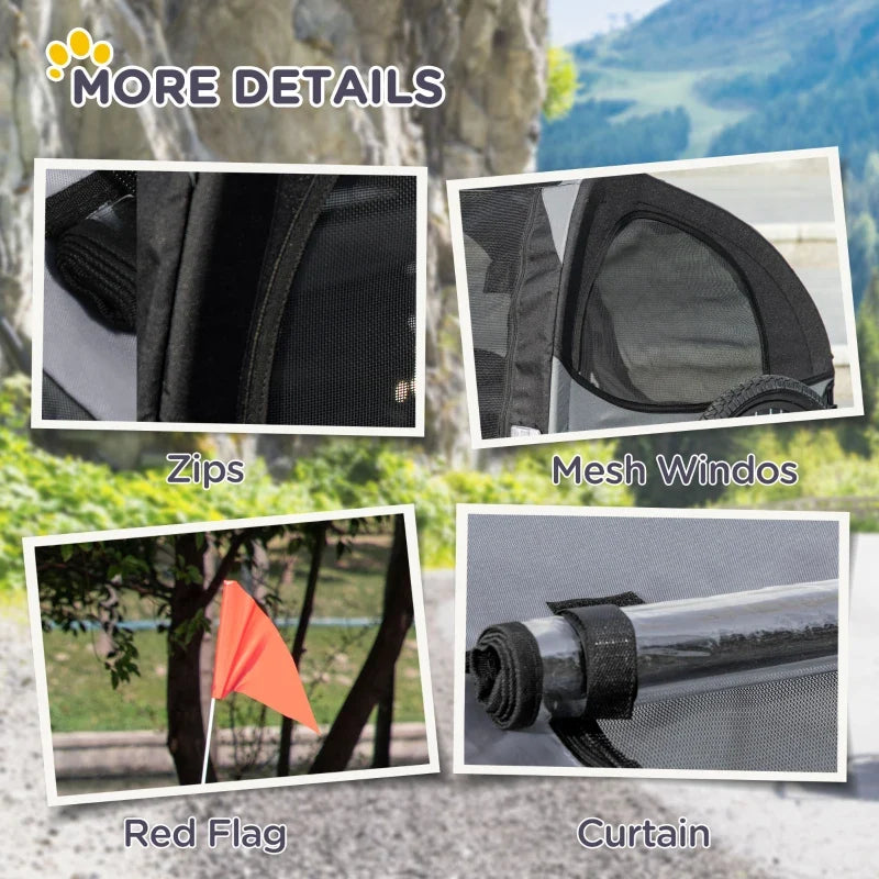 Dog bike trailer feature collage: zip closure, mesh windows, red flag, curtain
