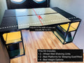 Van bed platform with hinged shelving frame, light wood top and dark metal supports