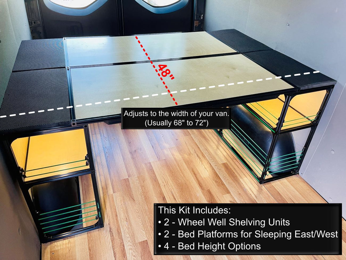 Van bed platform with hinged shelving frame, light wood top and dark metal supports