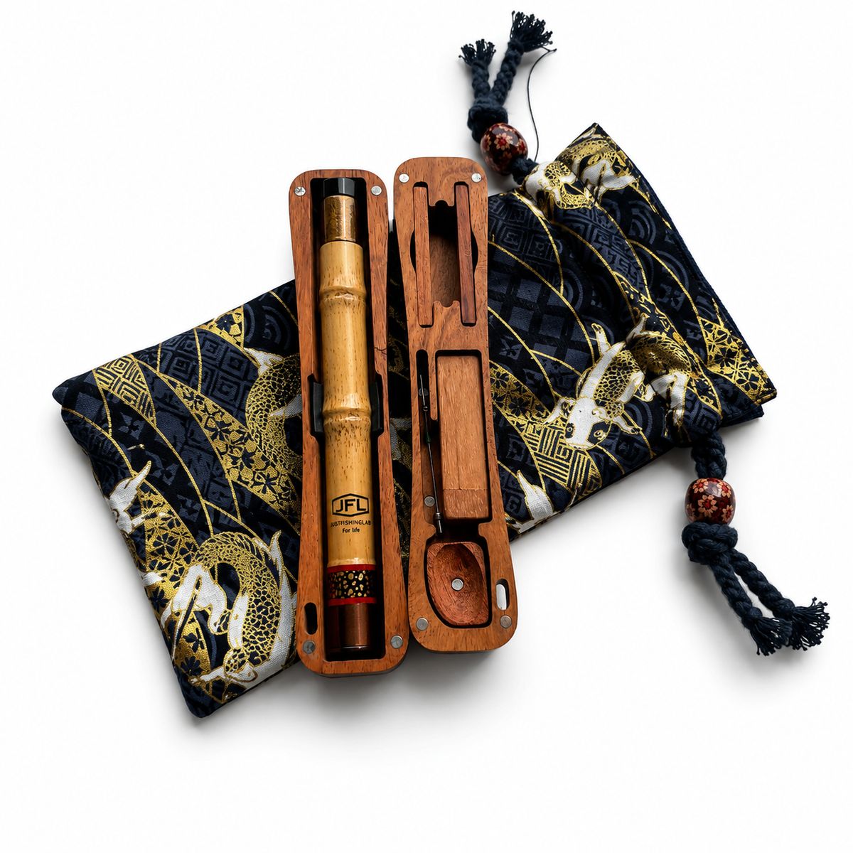 Pocket travel fishing kit with dark blue floral pouch, tan wooden case, and green rods