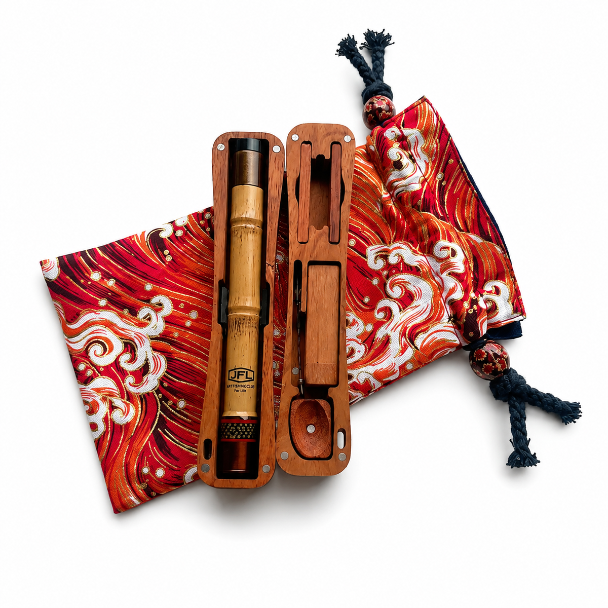Tanago travel kit with wooden case, bamboo rods, red wave pouch and dark tassel cord