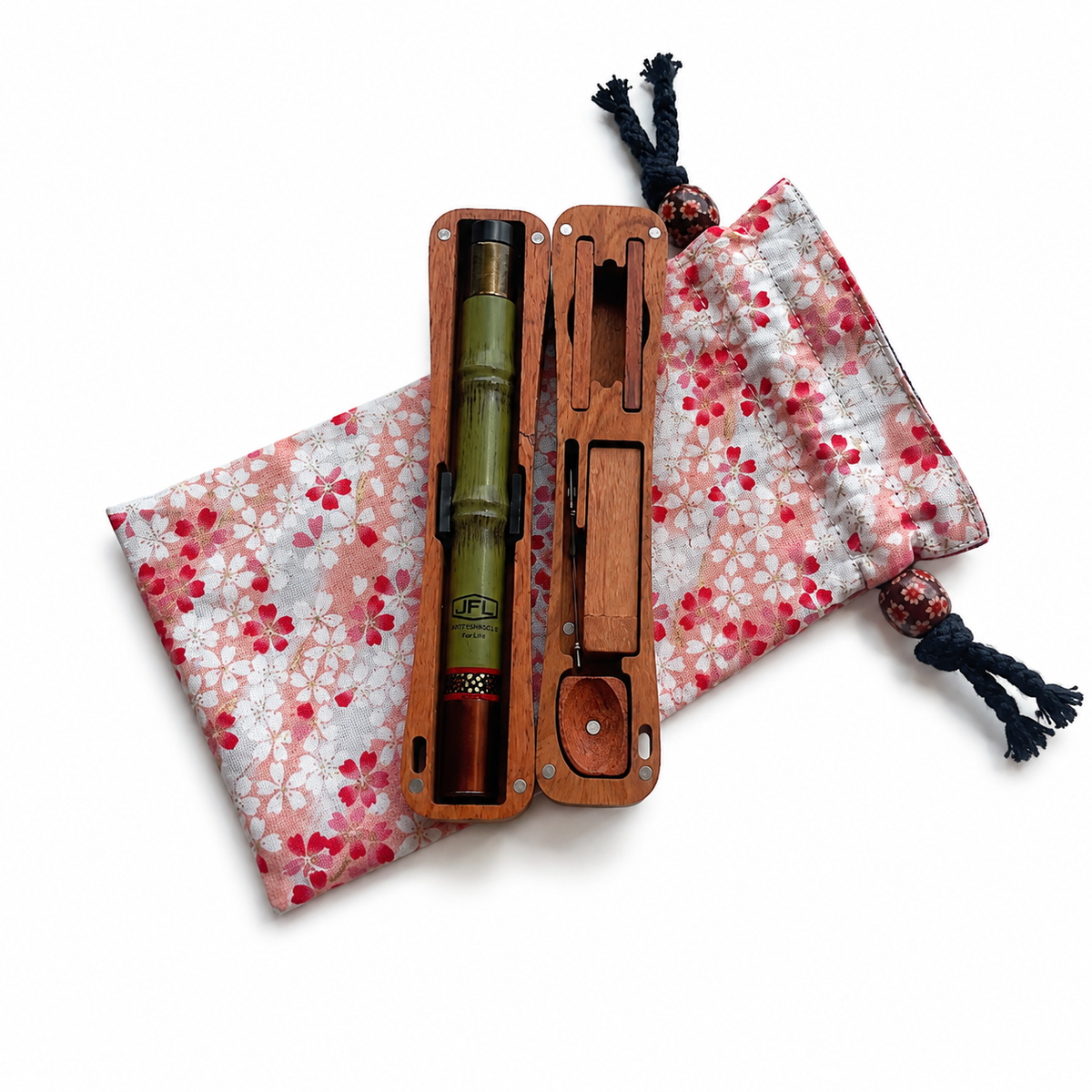 Tanago travel kit with wooden case, green rod, white floral pouch and dark tassel cord