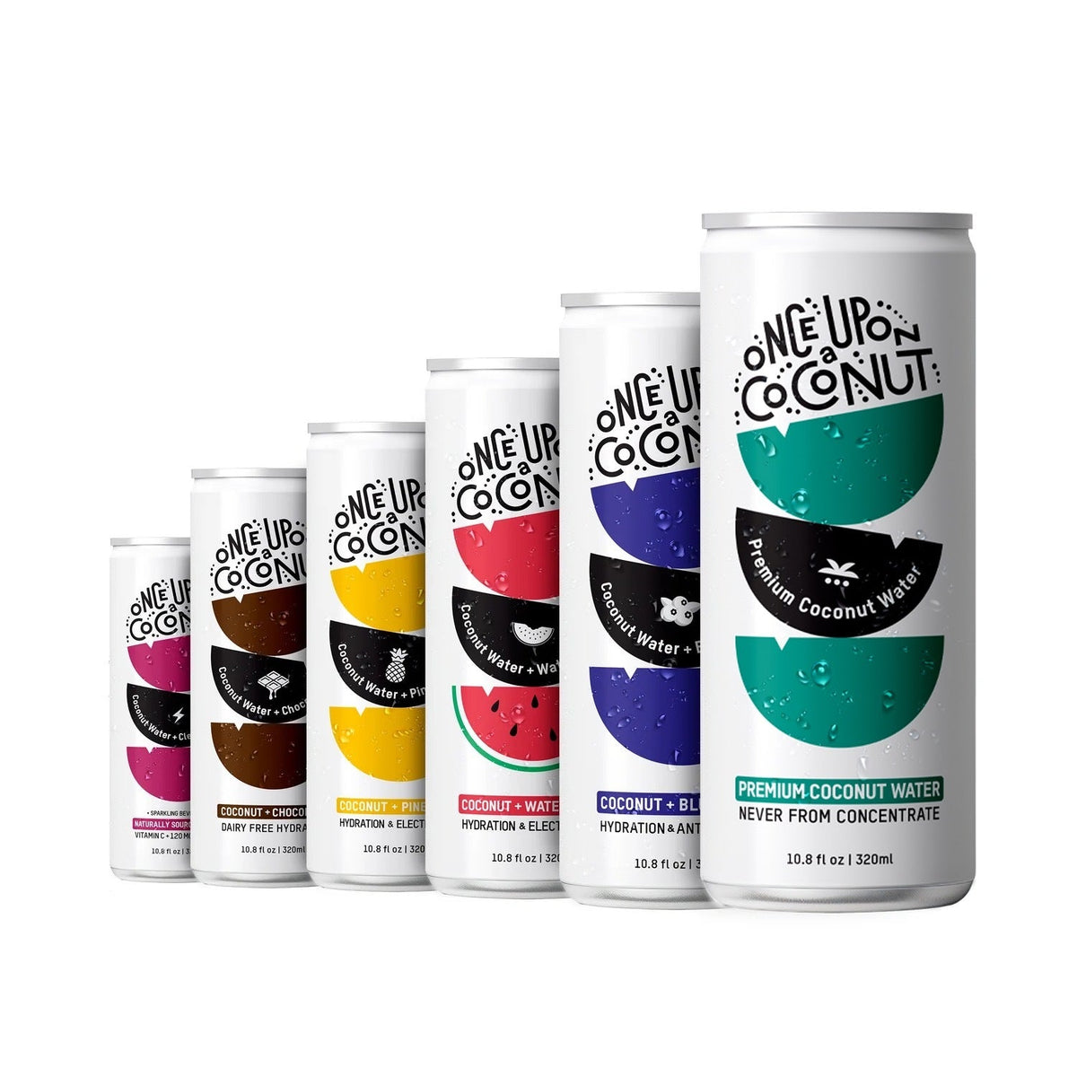 12-pack premium coconut water cans, assorted flavors, sealed aluminum beverage cans