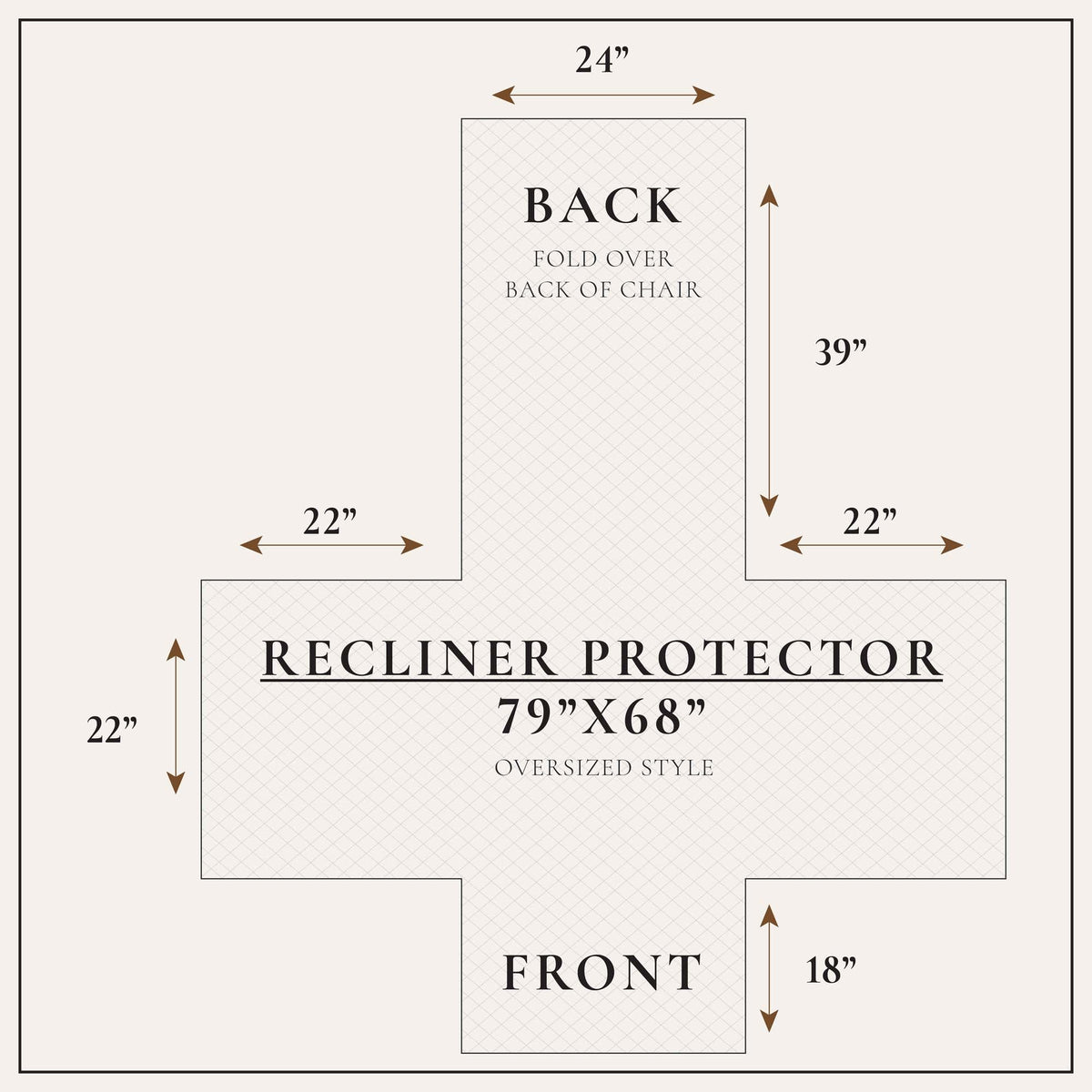 Recliner protector cover diagram with back, front, fold-over fit measurements