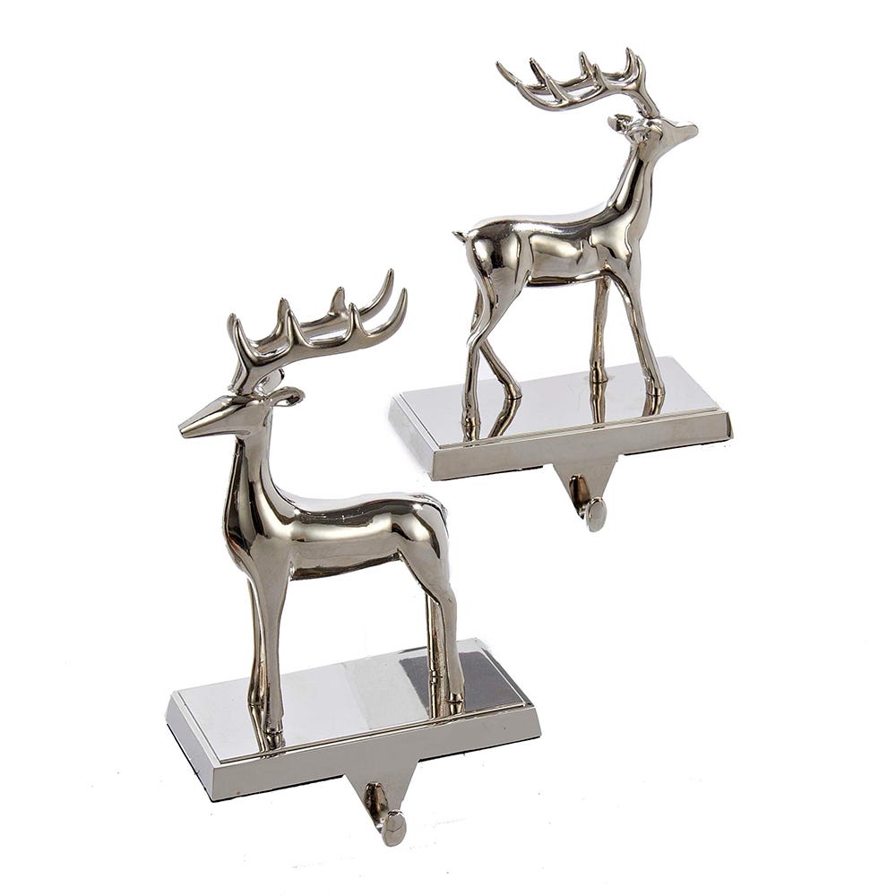 Silver metal reindeer stocking hanger with star base and hanging hook, pair of two