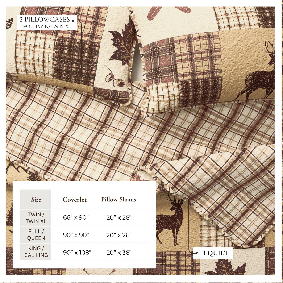 Quilt set with two pillow shams and patchwork plaid featuring deer and leaf designs