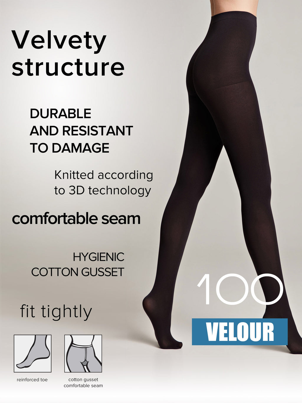Matte dark velour tights on legs, full coverage with seamless-looking finish