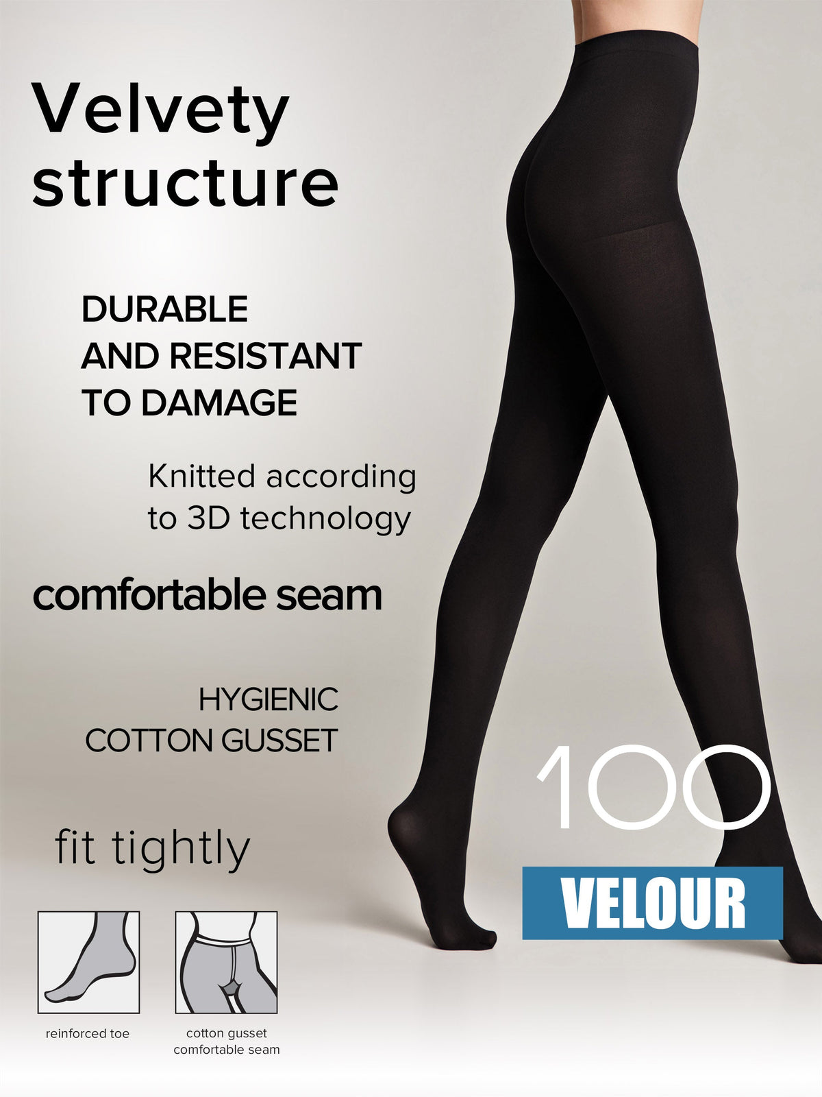 Matte black velour tights on legs, full coverage with comfortable stretch fit