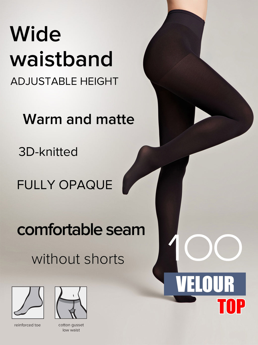 Matte black opaque velour-top tights on model, wide adjustable waistband