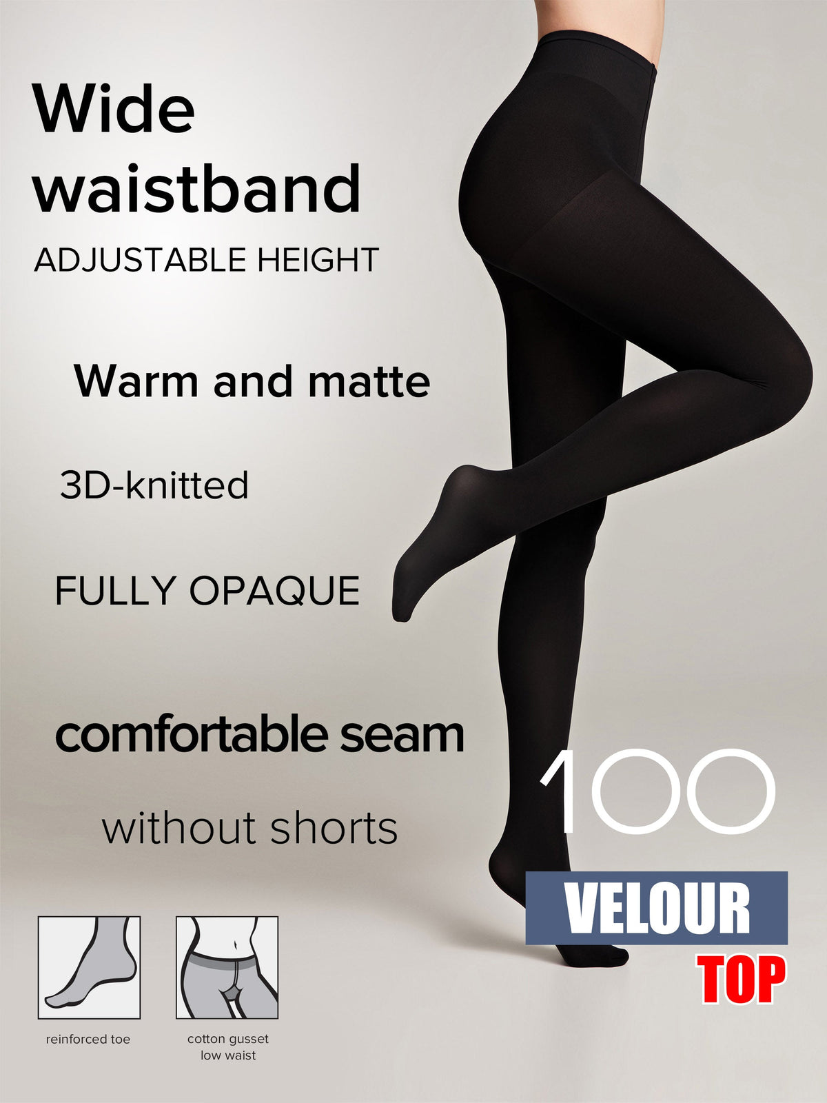 Matte black opaque velour-top tights with wide adjustable waistband