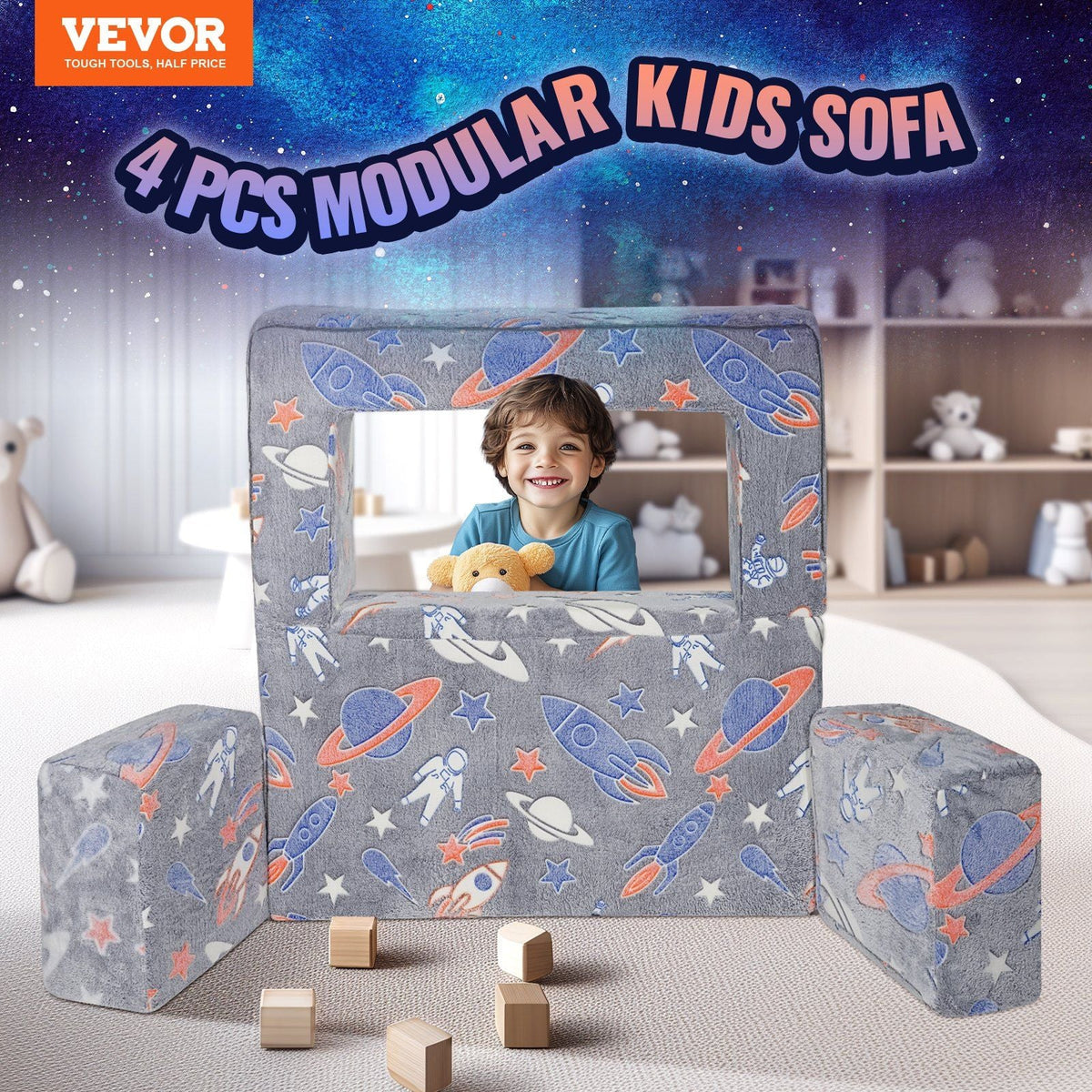 Kids sofa playset with grey space print fabric, arched back panel, 4-piece layout