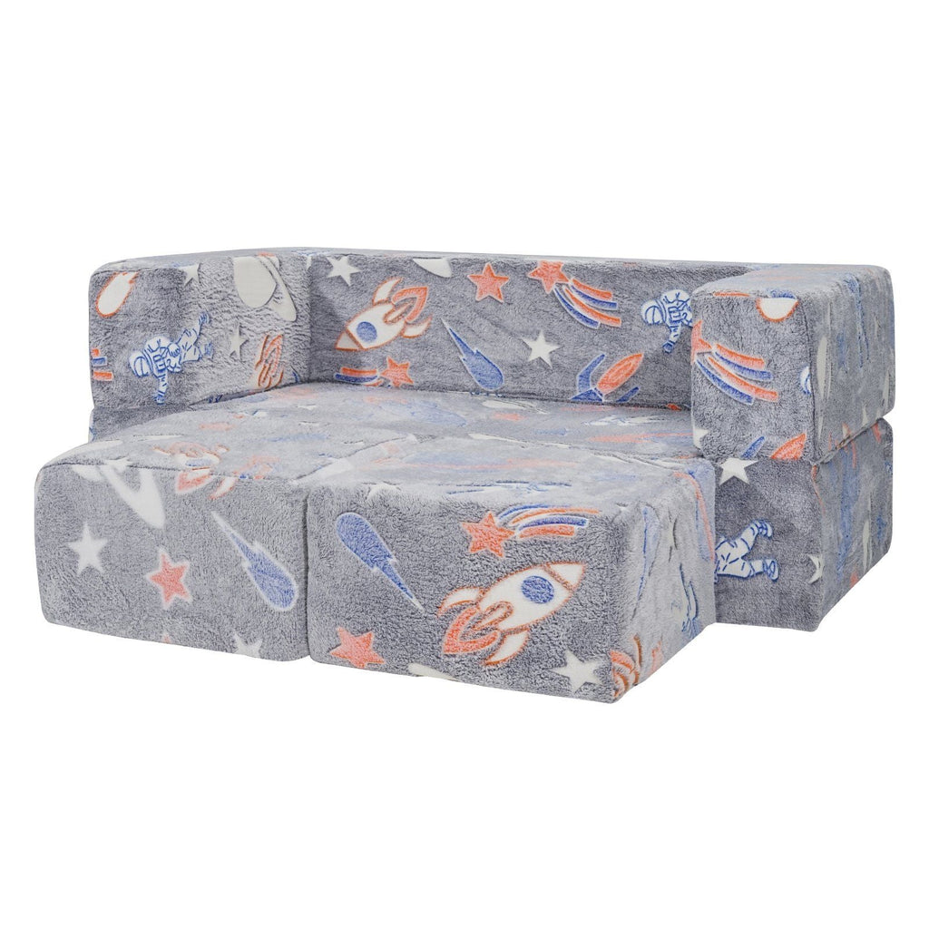 Kids couch with grey space-pattern fabric, backrest cushion, and two front seats