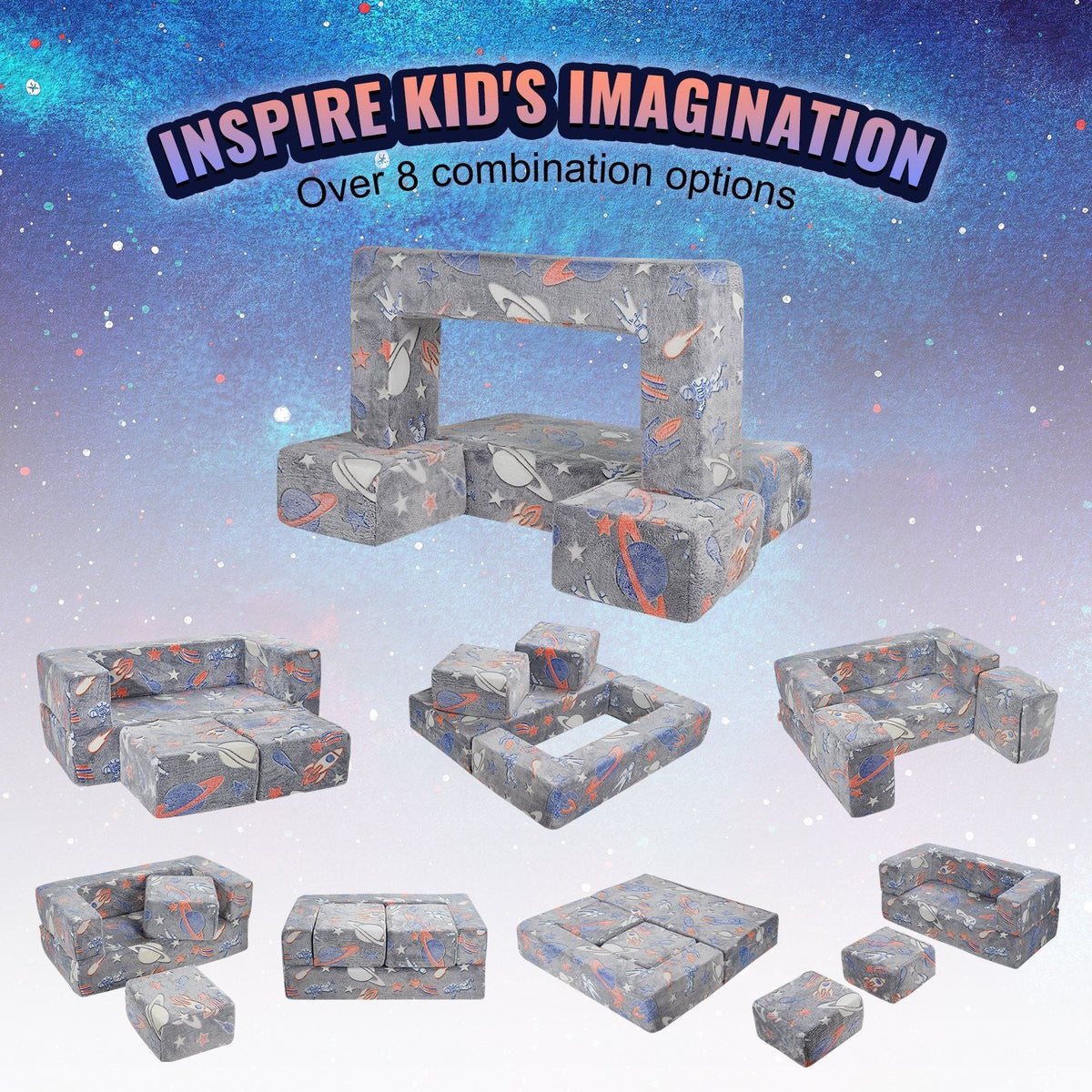 Kids modular couch set showing multiple configuration pieces with grey space prints