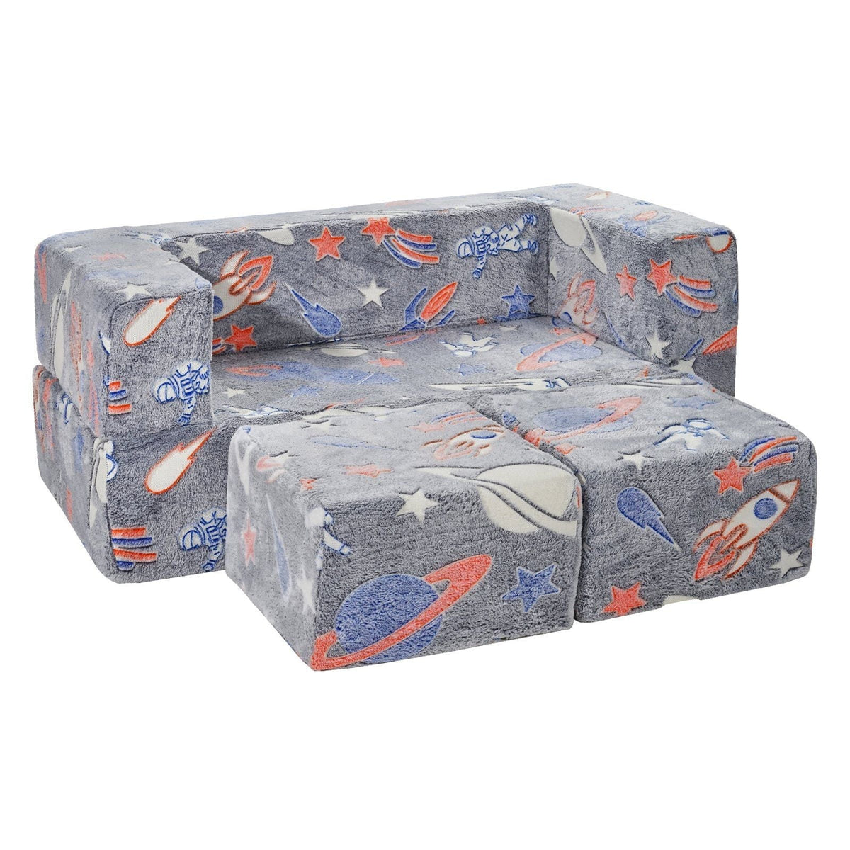 Kids modular couch set with grey space-pattern fabric and cushioned seat blocks