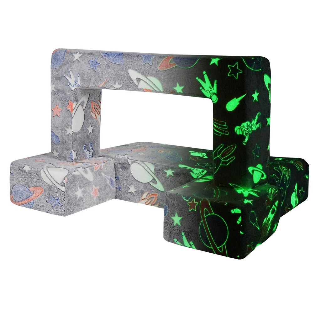 4-piece kids sectional couch sofa bed with cosmic galaxy print, dark grey