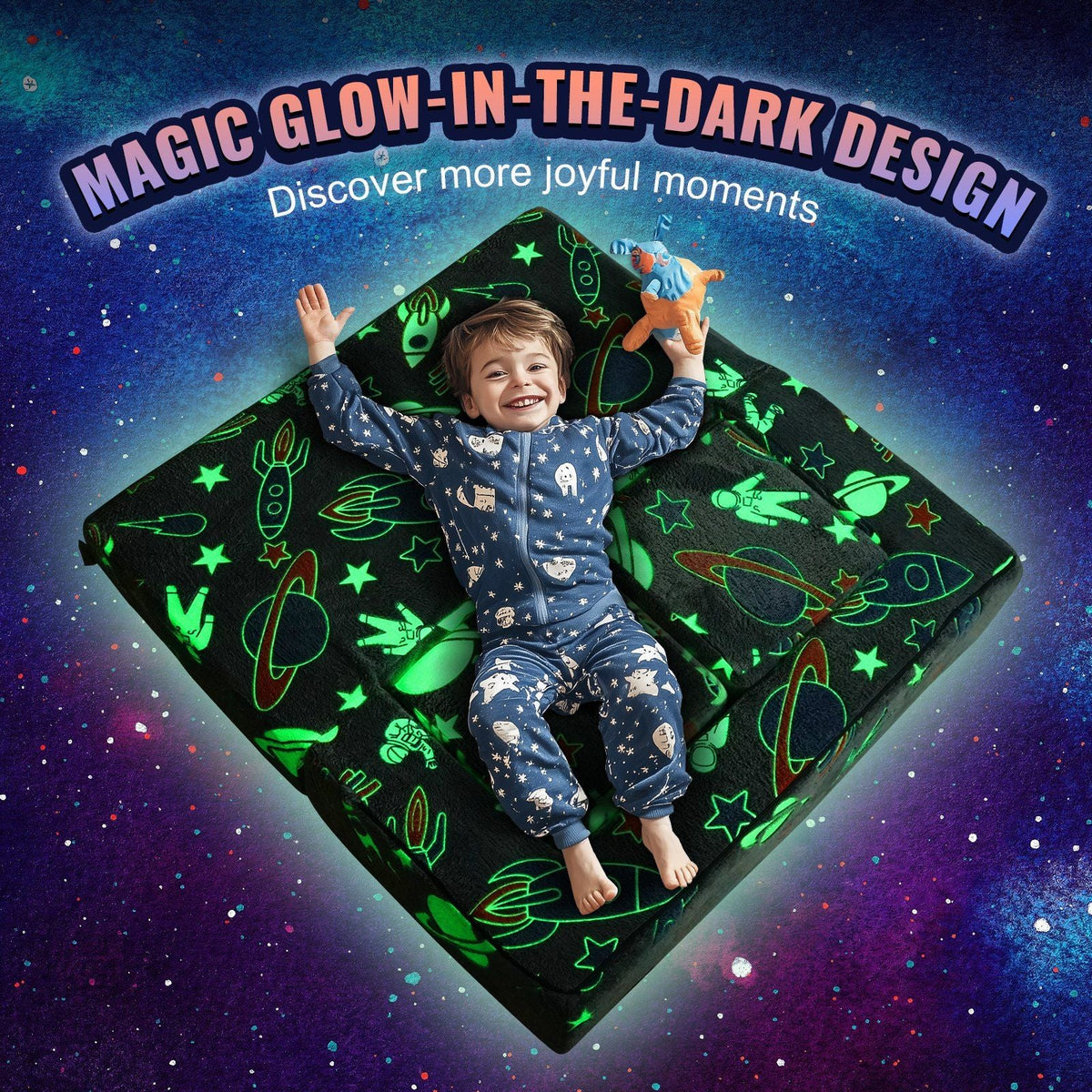 Kids couch with glow-in-the-dark space design on dark grey fabric cushions