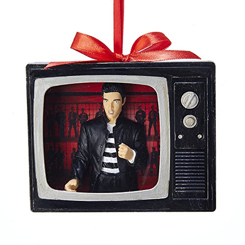 Hanging TV ornament: black TV body with knobs, Elvis image, ribbon bow