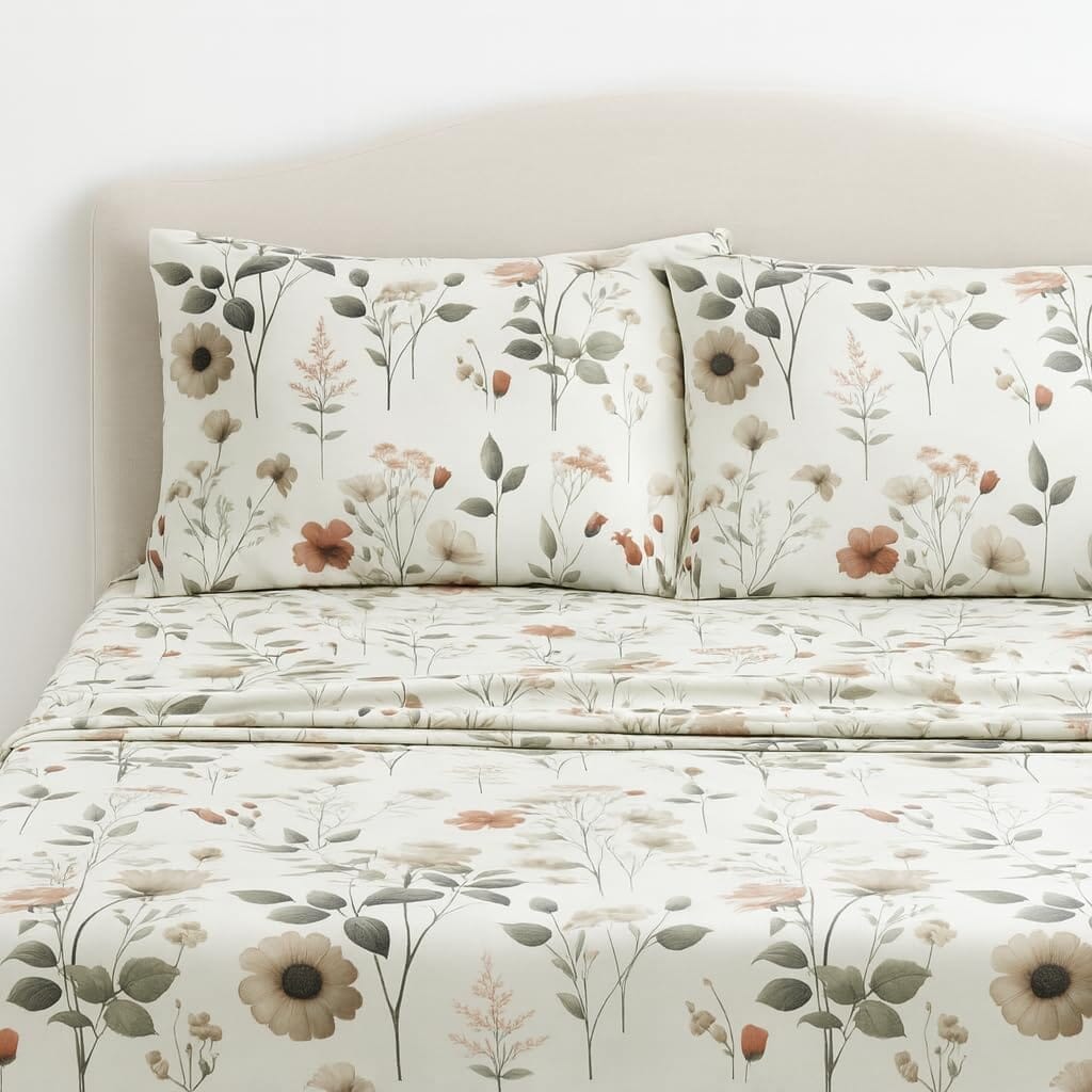 Floral microfiber sheet set with two pillowcases and flat sheet, botanical print background