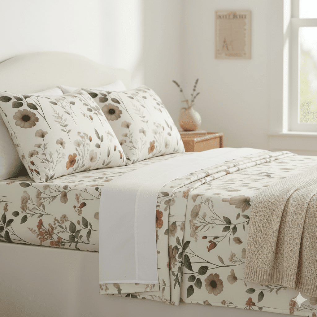 Floral microfiber sheet set with pillowcases and top sheet, botanical floral pattern
