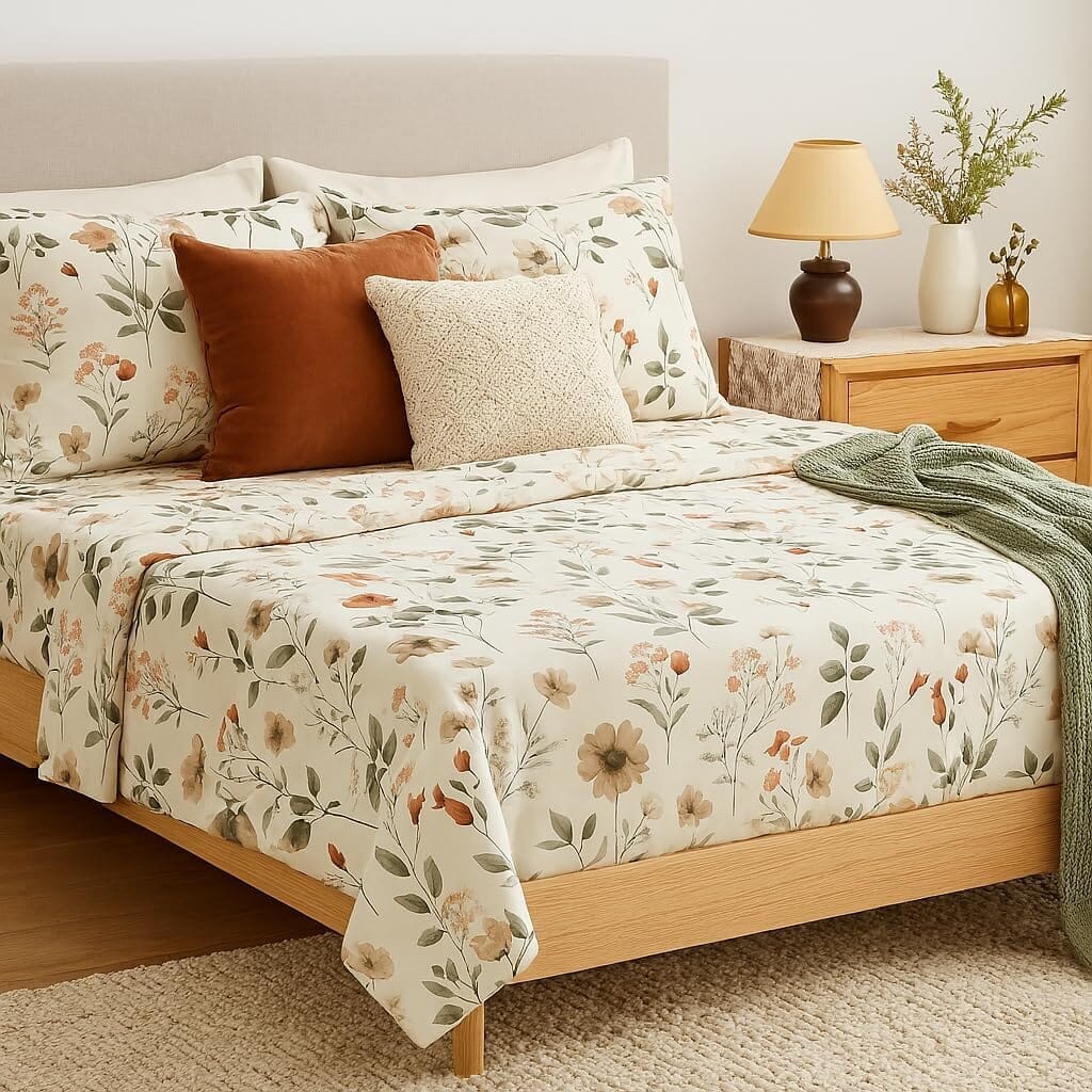 Floral microfiber sheet set with cream base and botanical blossom pattern under a bed cover