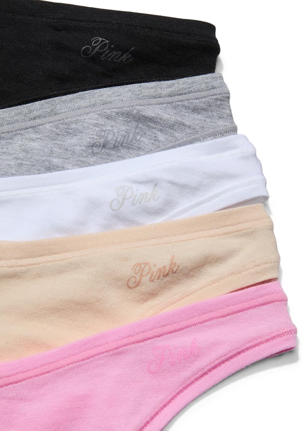 Cotton thong underwear stack in black, gray, white, beige, and pink with PINK logos