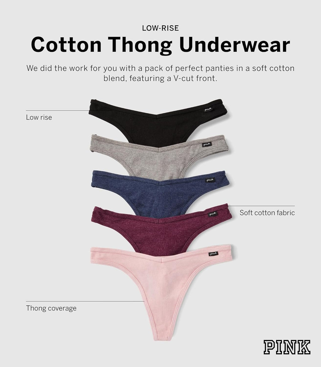 Low-rise cotton thong underwear assortment: black, gray, navy, burgundy, and pink