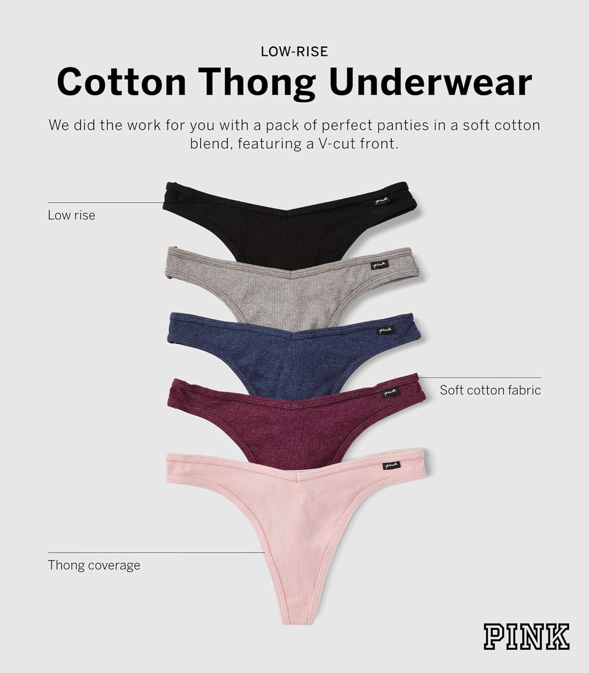 Low-rise cotton thong underwear assortment: black, gray, navy, burgundy, and pink
