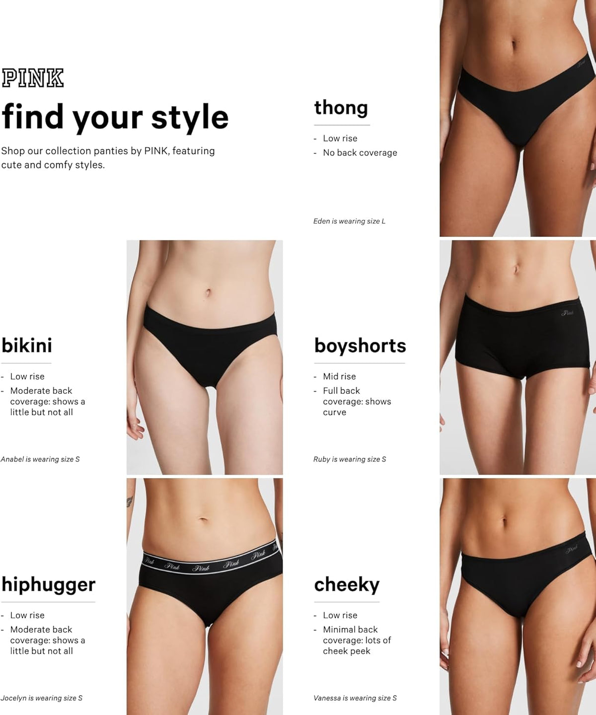 Women’s black thong underwear with low-rise V-front; collage of multiple fits