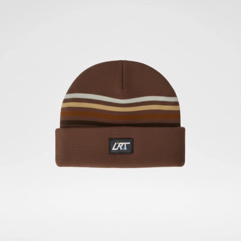 Brown knit beanie with vintage striped band and square logo patch
