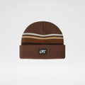 Brown knit beanie with vintage striped band and square logo patch