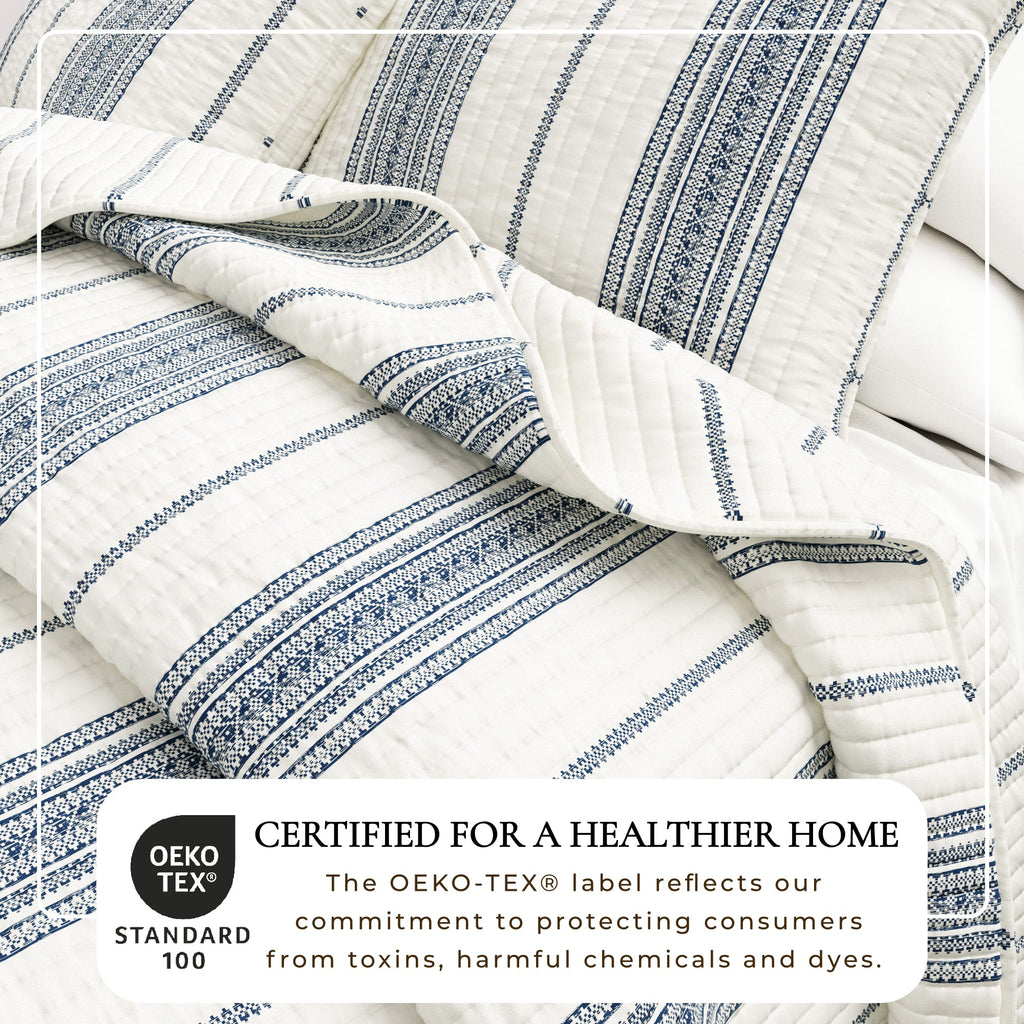 Striped quilt close-up with cream base and navy vertical bands, quilted channels detail.