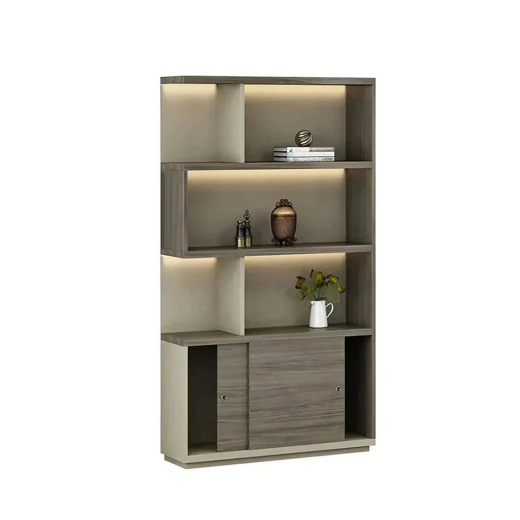 Walnut veneer tall office cabinet with open cubbies and two-door lower storage