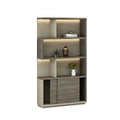 Walnut veneer tall office cabinet with open cubbies and two-door lower storage